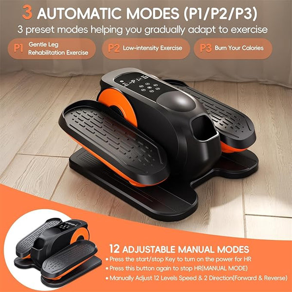 Compact black and orange mini stepper exercise machine with digital display and 3 automatic modes for leg rehab, low-intensity, and calorie burn