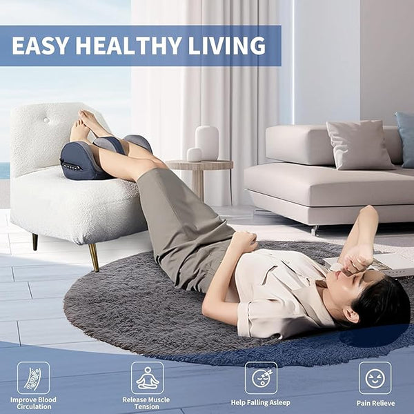 Woman using leg massager on chair in living room for muscle tension relief and better sleep