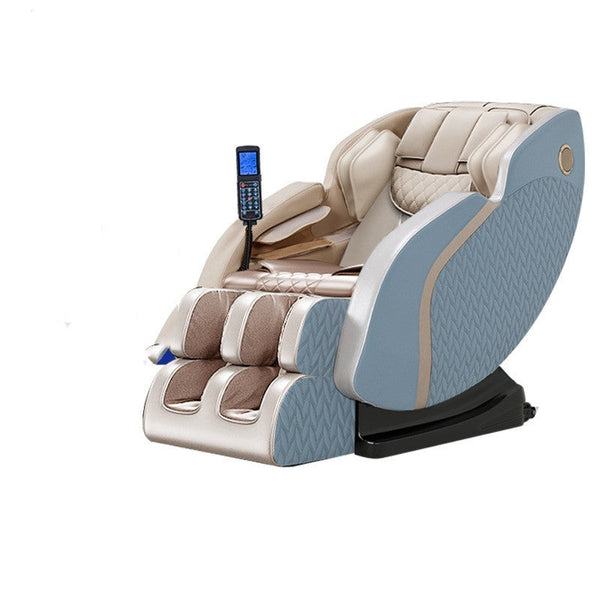 Modern beige and blue smart massage chair with remote control on white background